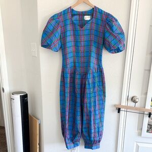 VINTAGE Brenner Plaid Jumpsuit Puff Sleeves Red Buttons 7/8 (S/M)